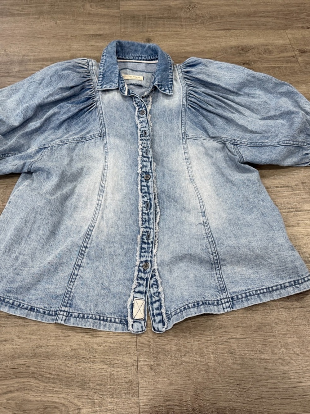 Free People Women’s Light Blue Denim Puff Sleeve Button Up Shirt
